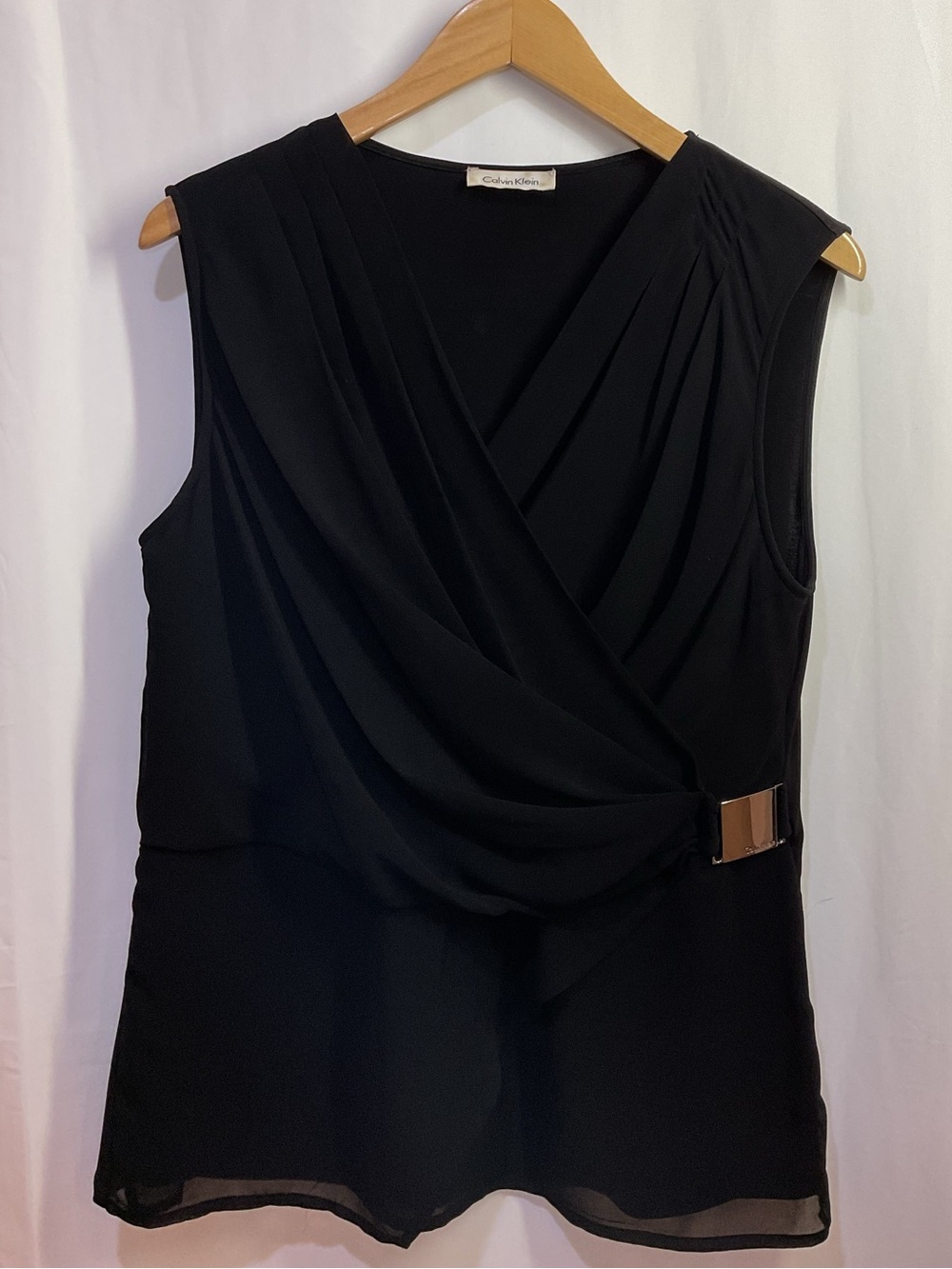 Calvin Klein Black Sleeveless Draped Wrap Top with Gold Buckle